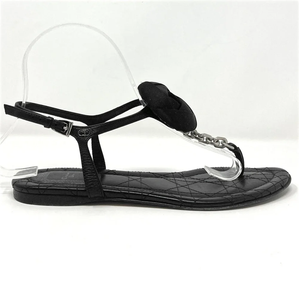 Christian Dior Delices Thong‎ Flat Sandals Black Leather Cannage Rosette 36
